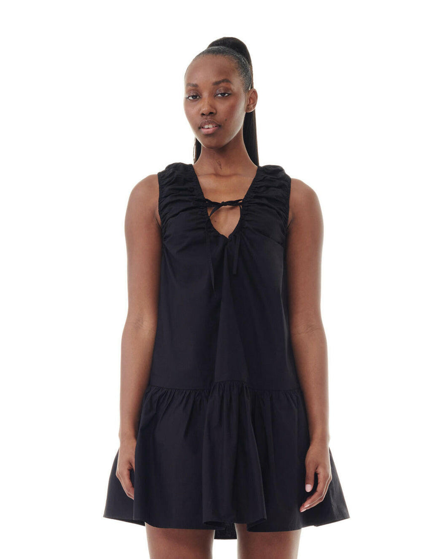 ganni cotton poplin mini dress black on figure front detail