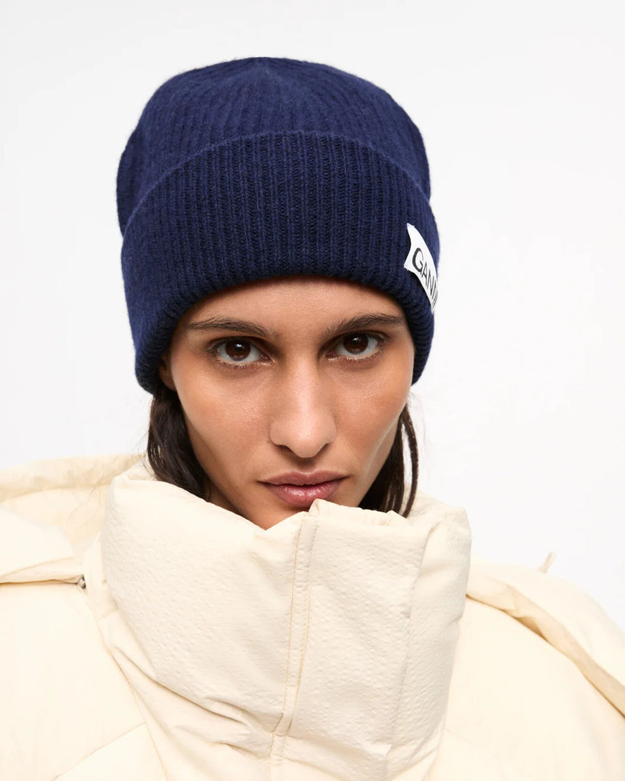 ganni Light Structured Rib Knit Beanie Peacoat navy