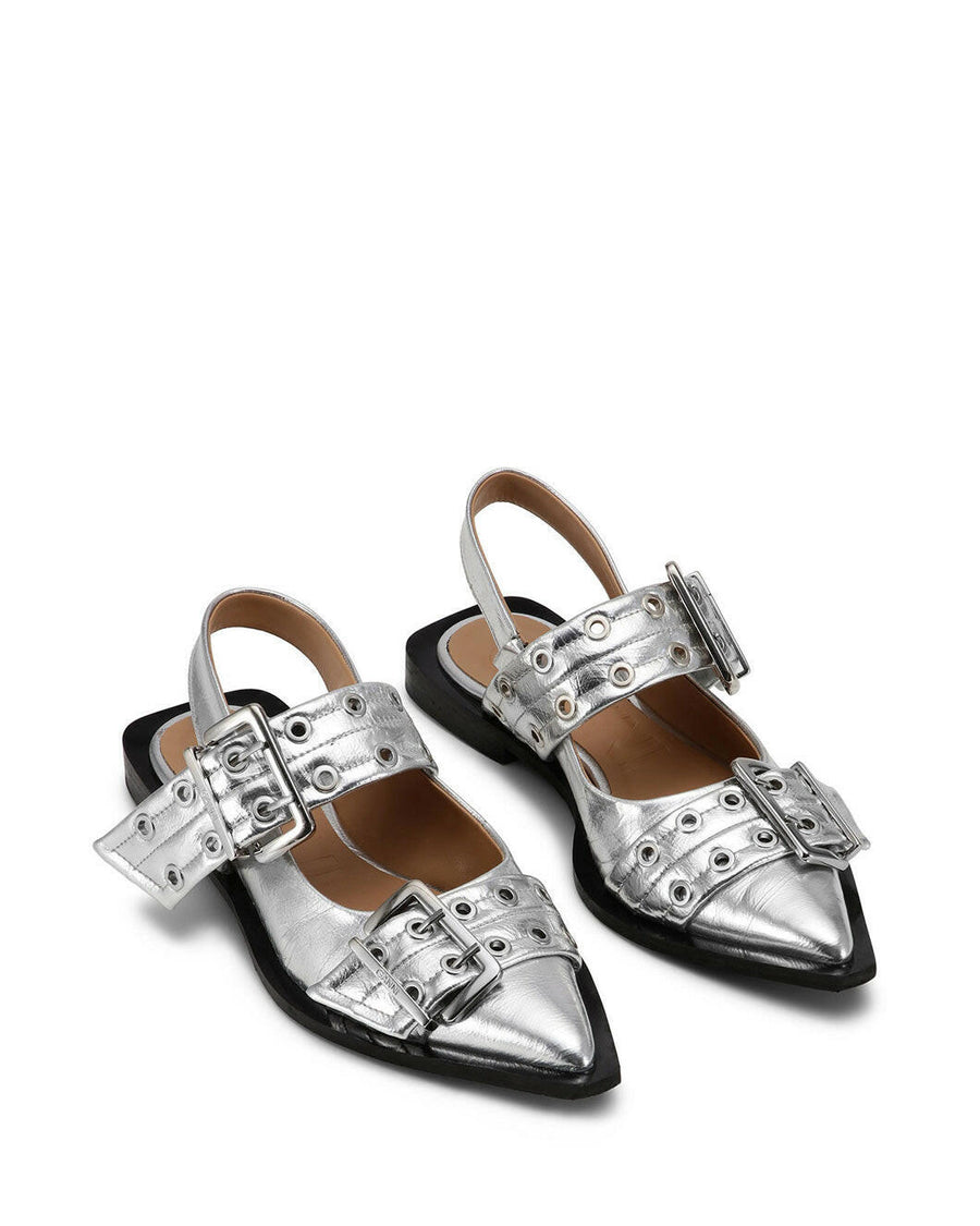 ganni feminine buckle ballerina metallic sandal isolated front