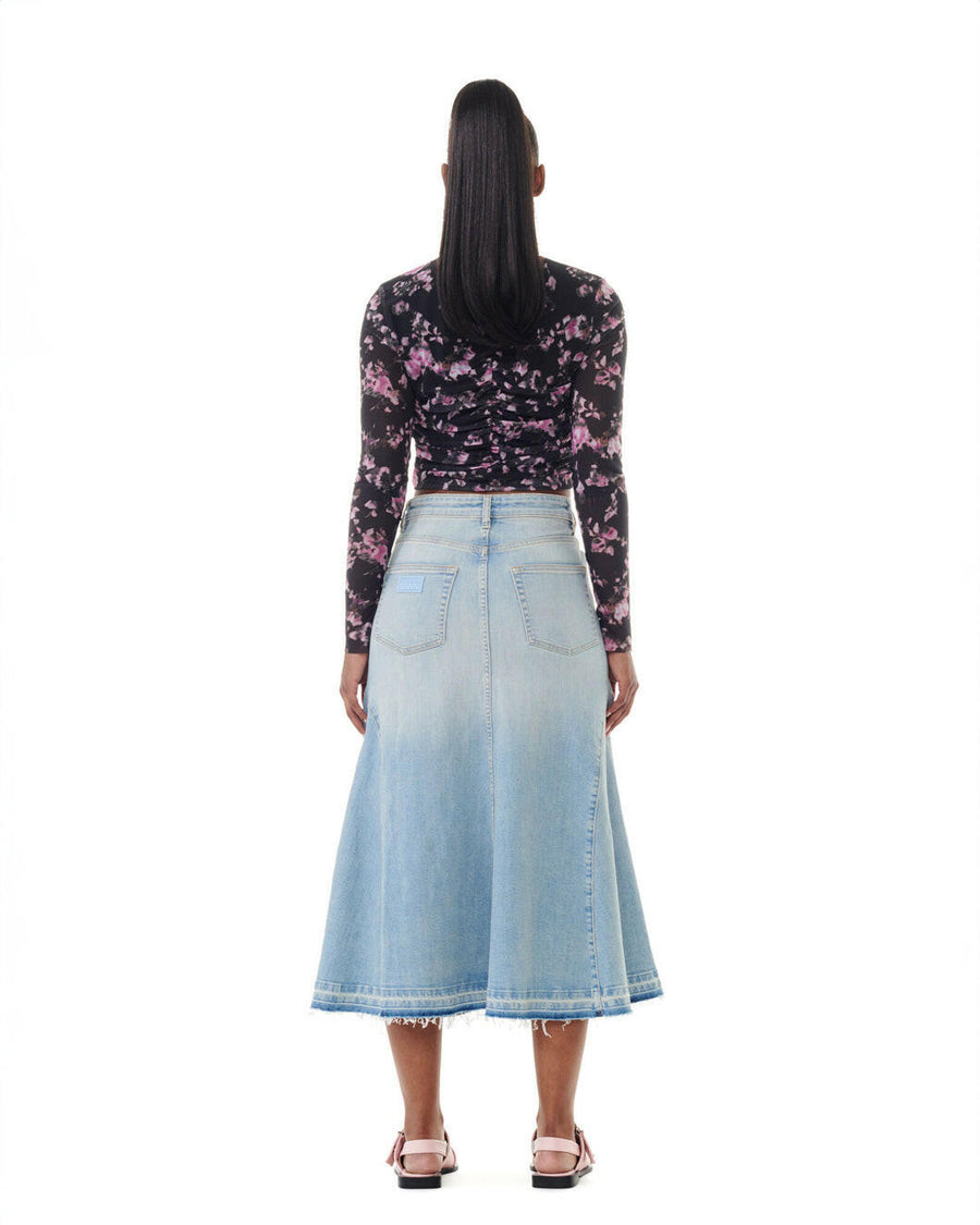 ganni Tint Denim Midi Skirt light blue on figure back