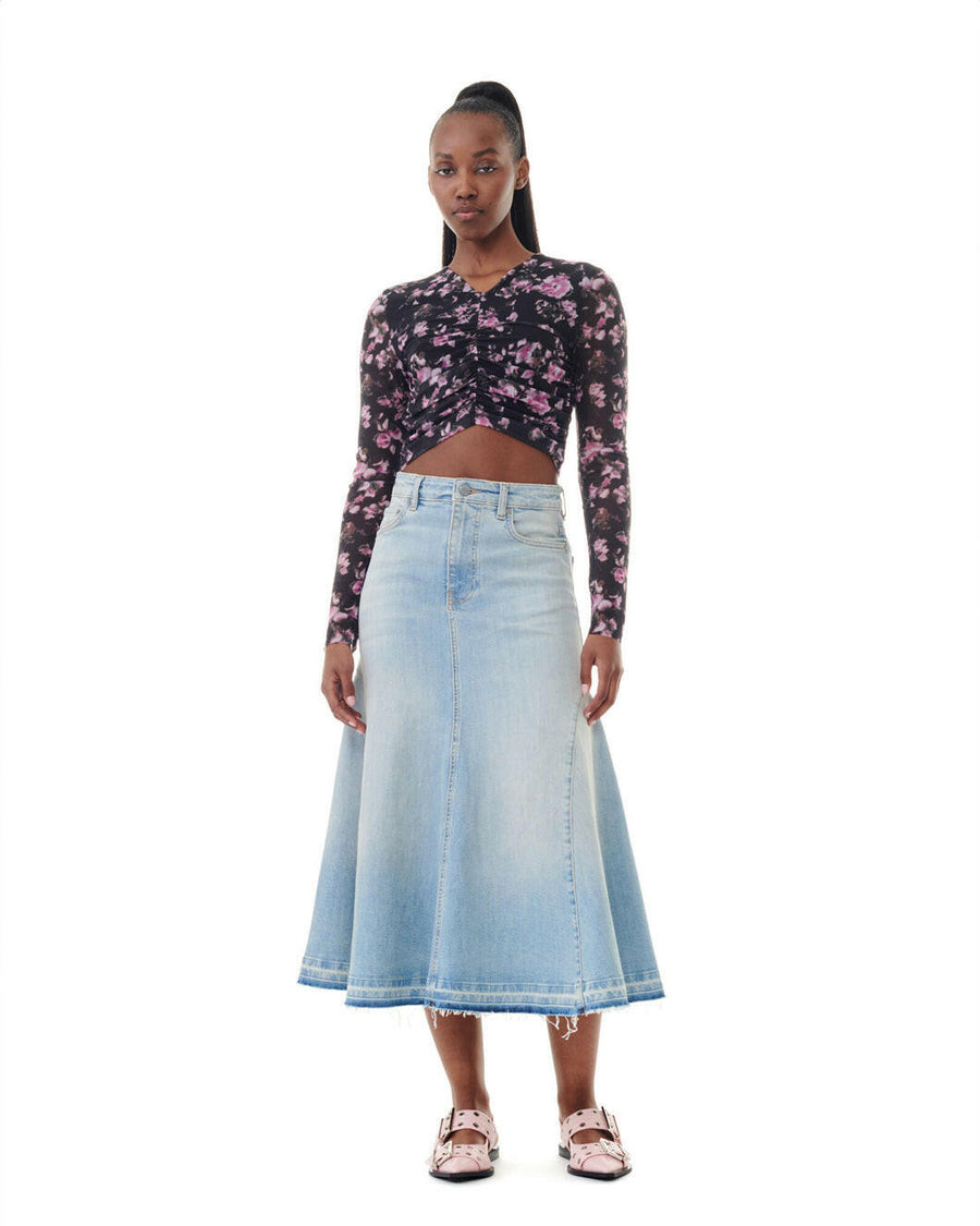 ganni Tint Denim Midi Skirt light blue on figure front