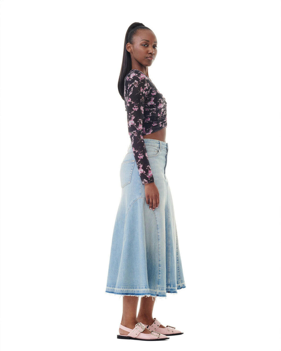 ganni Tint Denim Midi Skirt light blue on figure side