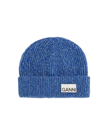 ganni light structured rib knit beanie blue