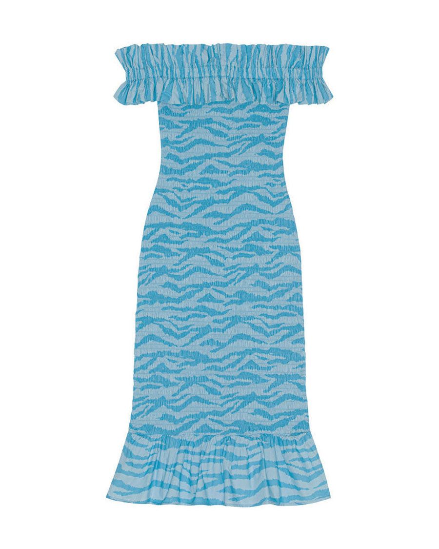 ganni printed cotton off shoulder smock midi dress blue