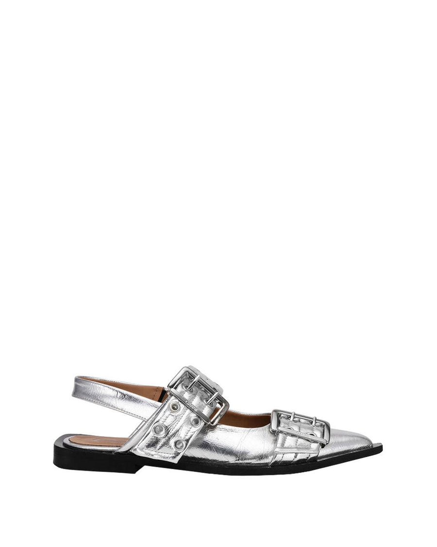 ganni feminine buckle ballerina metallic sandal isolated