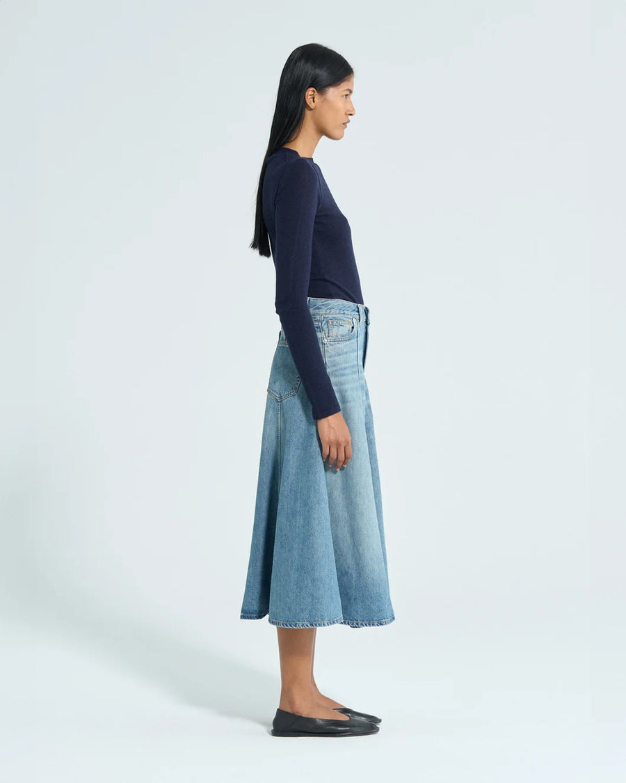 haikure min serenity denim skirt iconic blue on figure side