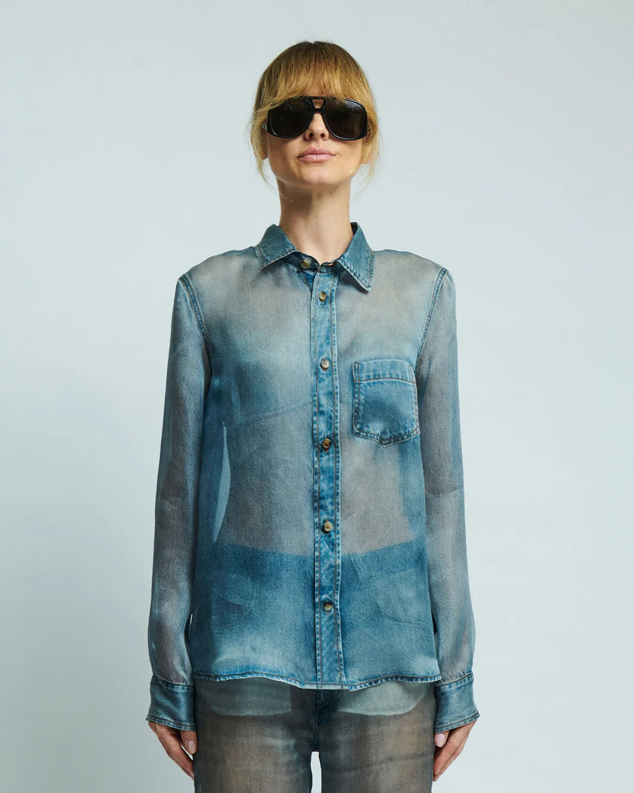 haikure ronda blue denim print shirt front