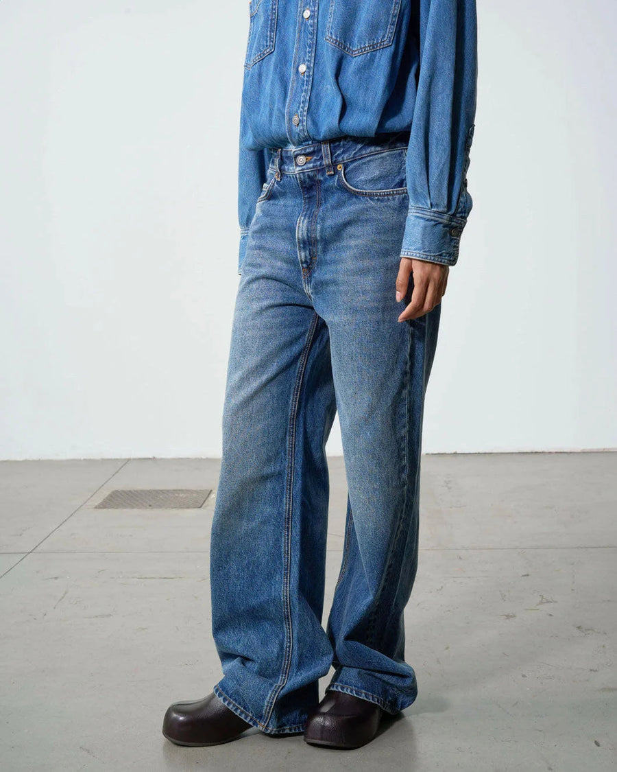 haikure tilda denim jumpsuit piano blue on figure side