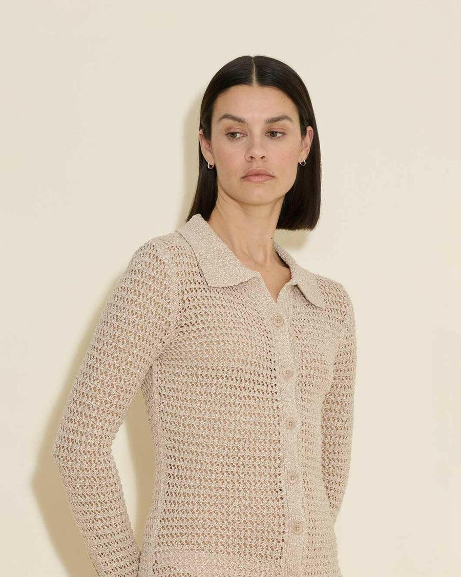 holzweiler cenci crochet knit dress sand mix cream white dress on figure front detail