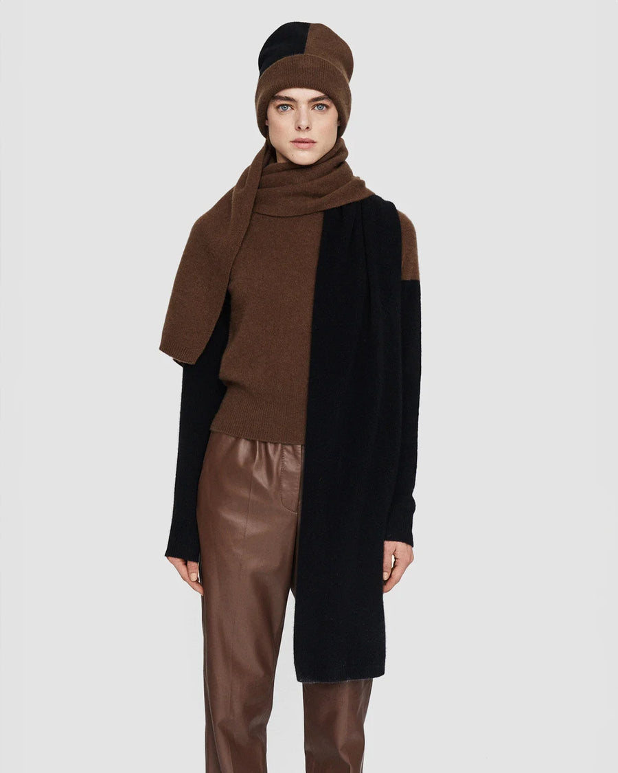 joseph Brushed Cashmere Scarf brown and black on figure front