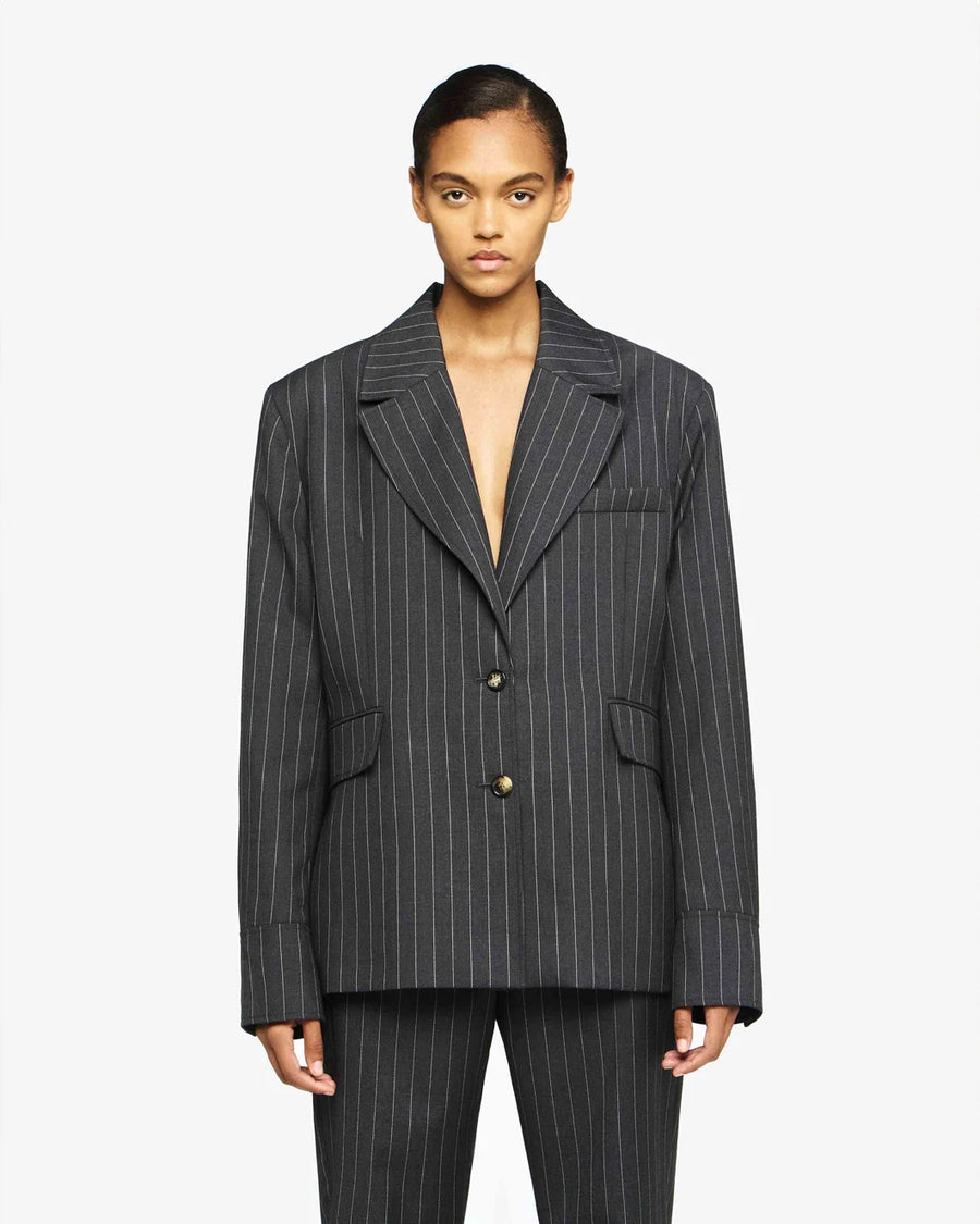 jw anderson open back tailored shirt jacket grey melange on figure front