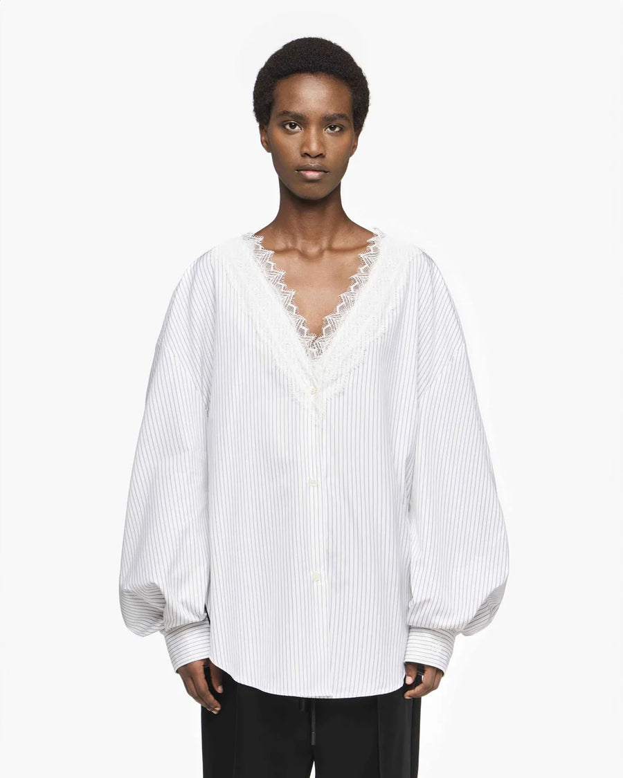 jw anderson Lace Trim V Neck Shirt grey and white on figure front