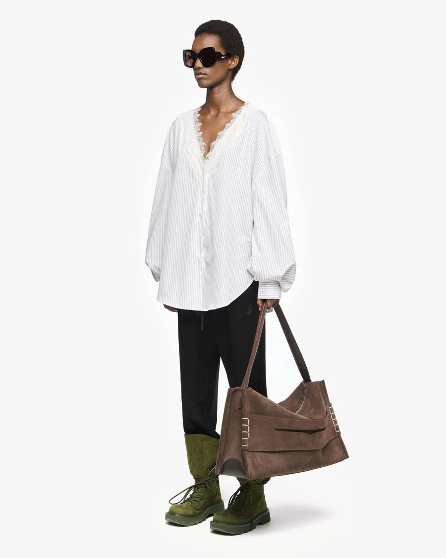 jw anderson Lace Trim V Neck Shirt grey and white on figure side