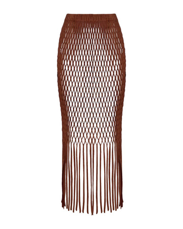 The Yumi Faux Suede Laser Cut Skirt in brown by Kai Collective