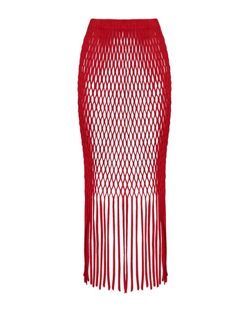 The Yumi Faux Suede Laser Cut Skirt in Red by Kai Collective