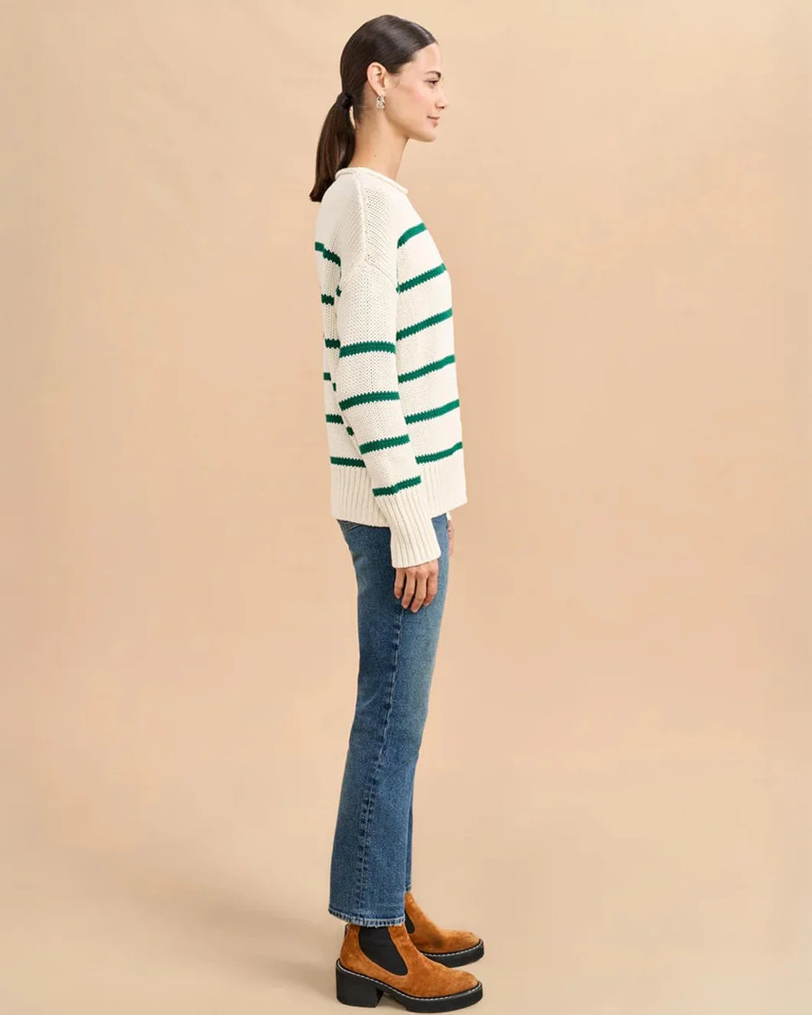 la ligne marina sweater cream and emerald green on figure side