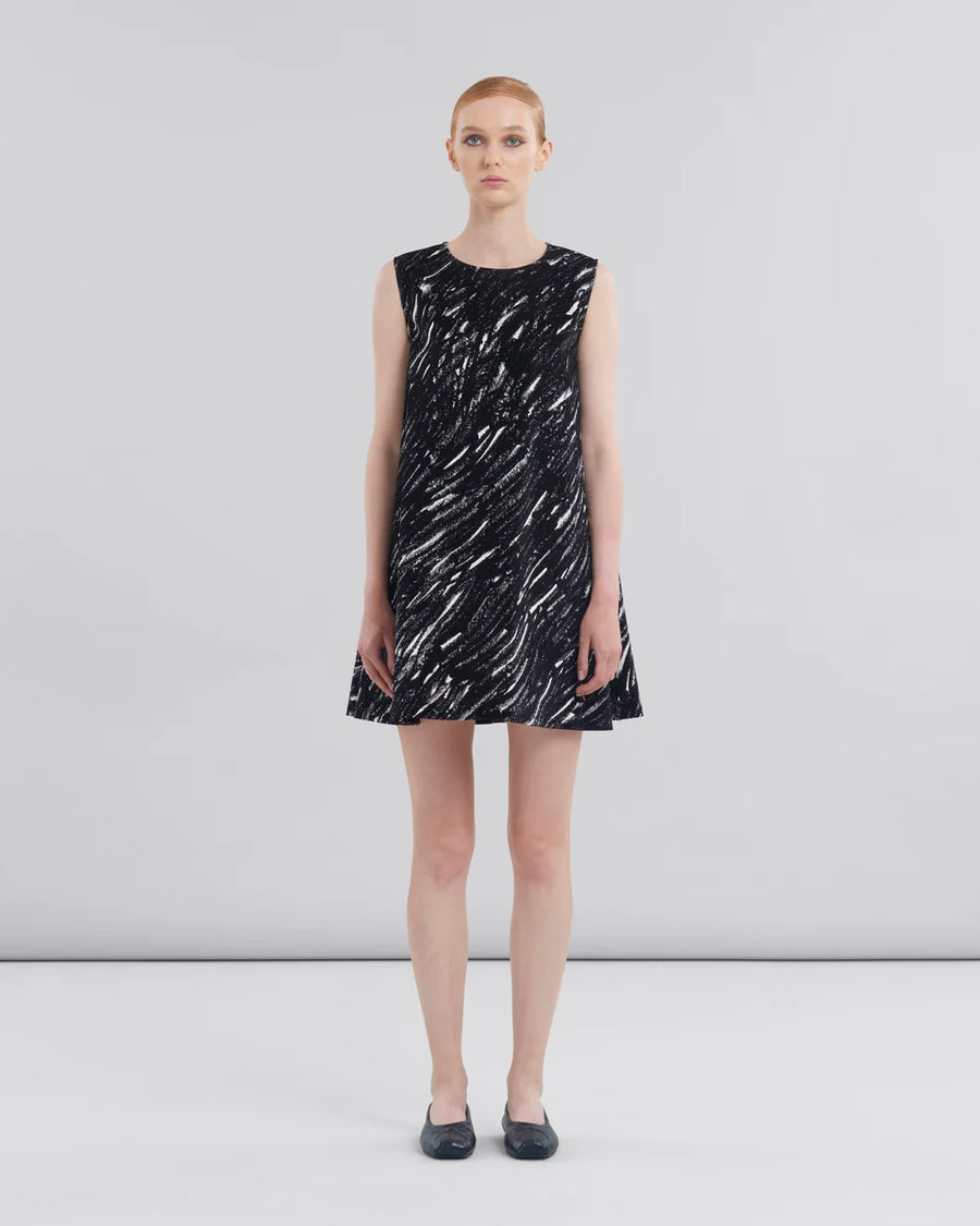 marni Black flocked denim flared dress with Crayon print front