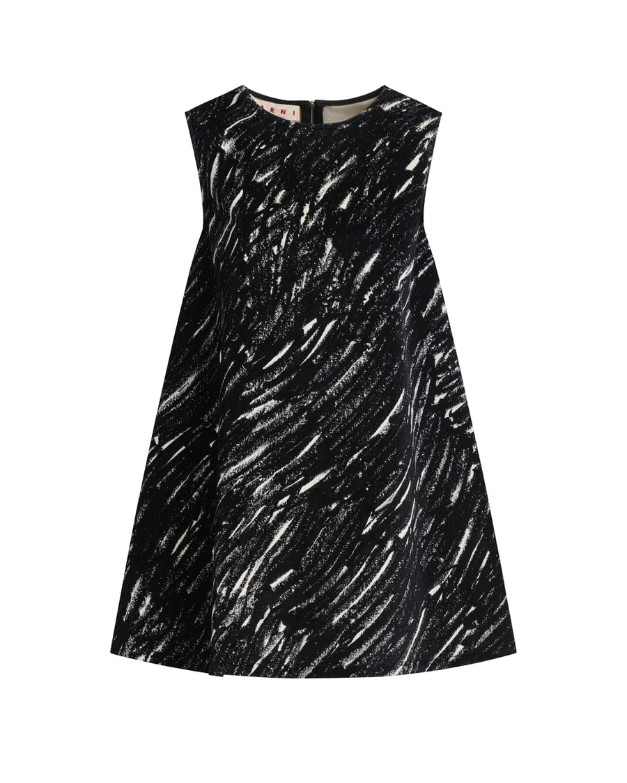 marni Black flocked denim flared dress with Crayon print