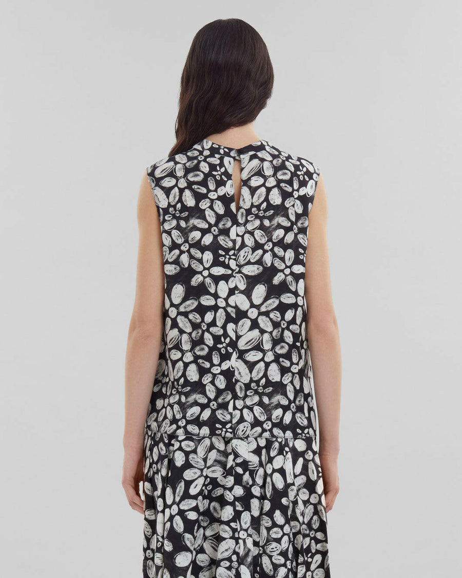 marni satin back crepe sleeveless top with black and white blooming print on figure back