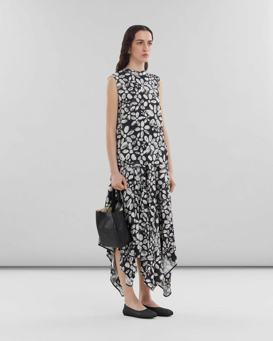 marni satin back crepe sleeveless top with black and white blooming print on figure side