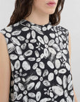 marni satin back crepe sleeveless top with black and white blooming print on figure front detail