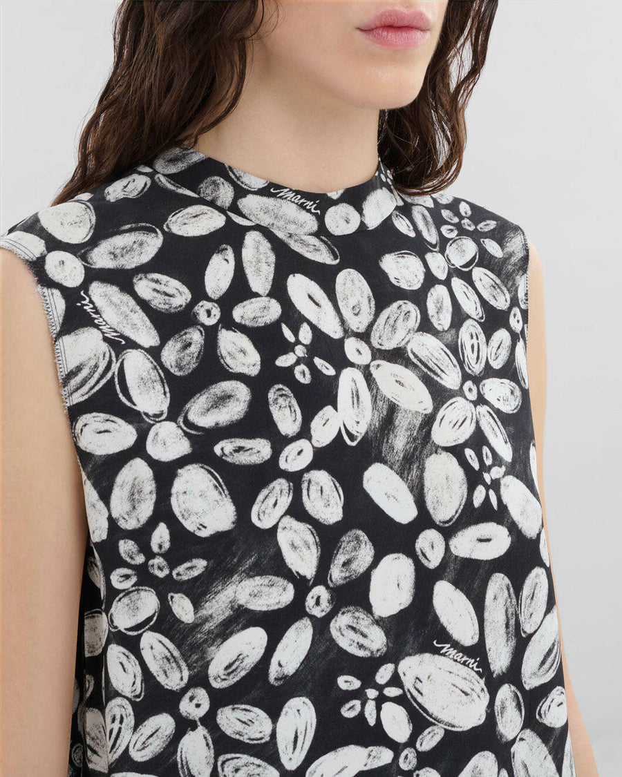 marni satin back crepe sleeveless top with black and white blooming print on figure front detail