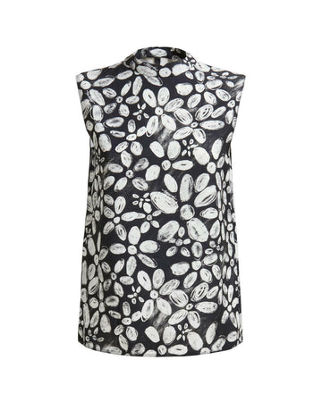 marni satin back crepe sleeveless top with black and white blooming print