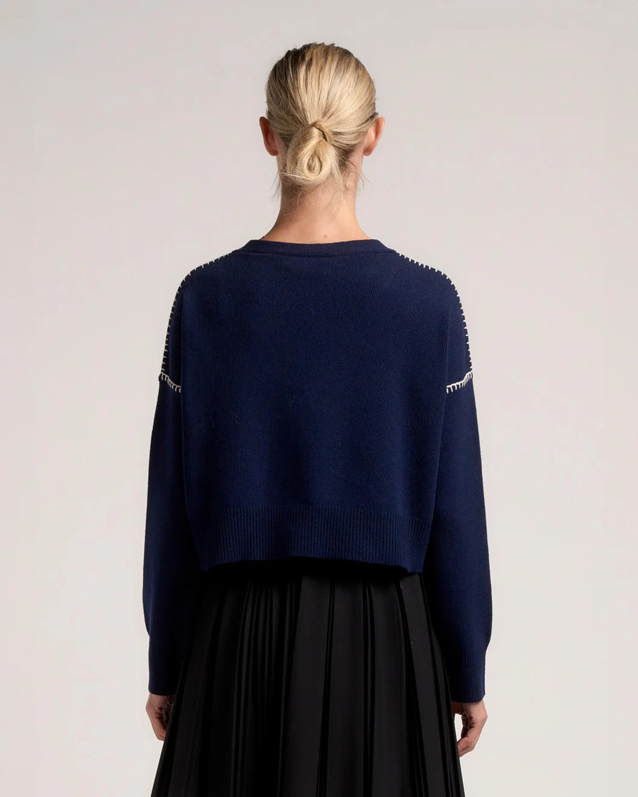 marni Long Sleeve Cardigan with marni mending navy blue on figure back