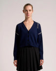 marni Long Sleeve Cardigan with marni mending navy blue on figure front