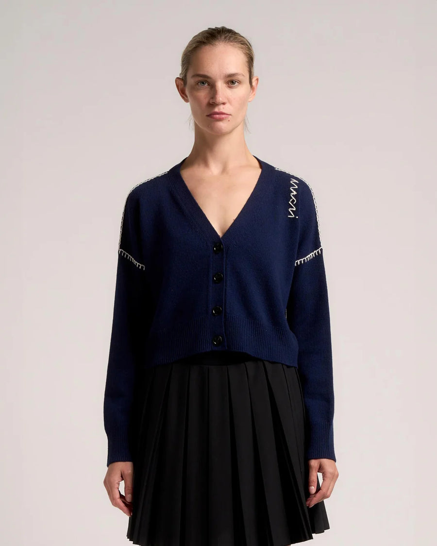 marni Long Sleeve Cardigan with marni mending navy blue on figure front