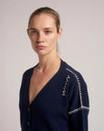 marni Long Sleeve Cardigan with marni mending navy blue on figure side