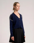 marni Long Sleeve Cardigan with marni mending navy blue on figure side