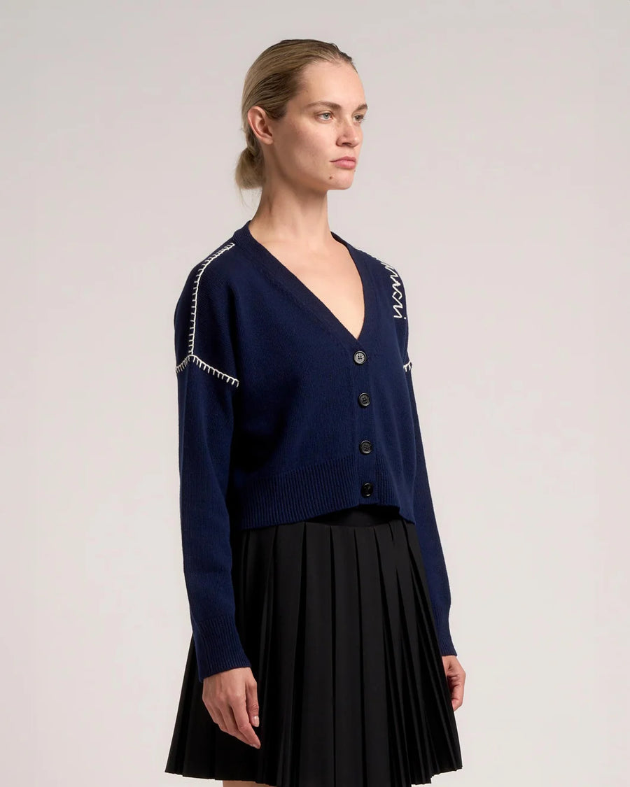 marni Long Sleeve Cardigan with marni mending navy blue on figure side