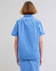 marni Straight Short Sleeve Shirt with Bowling Neck cobalt blue denim on figure back