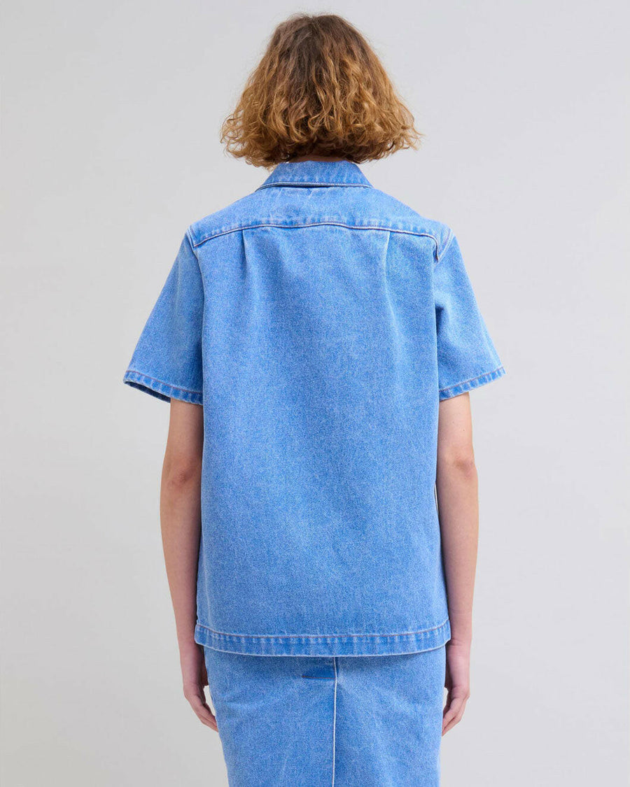 marni Straight Short Sleeve Shirt with Bowling Neck cobalt blue denim on figure back