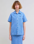 marni Straight Short Sleeve Shirt with Bowling Neck cobalt blue denim on figure front