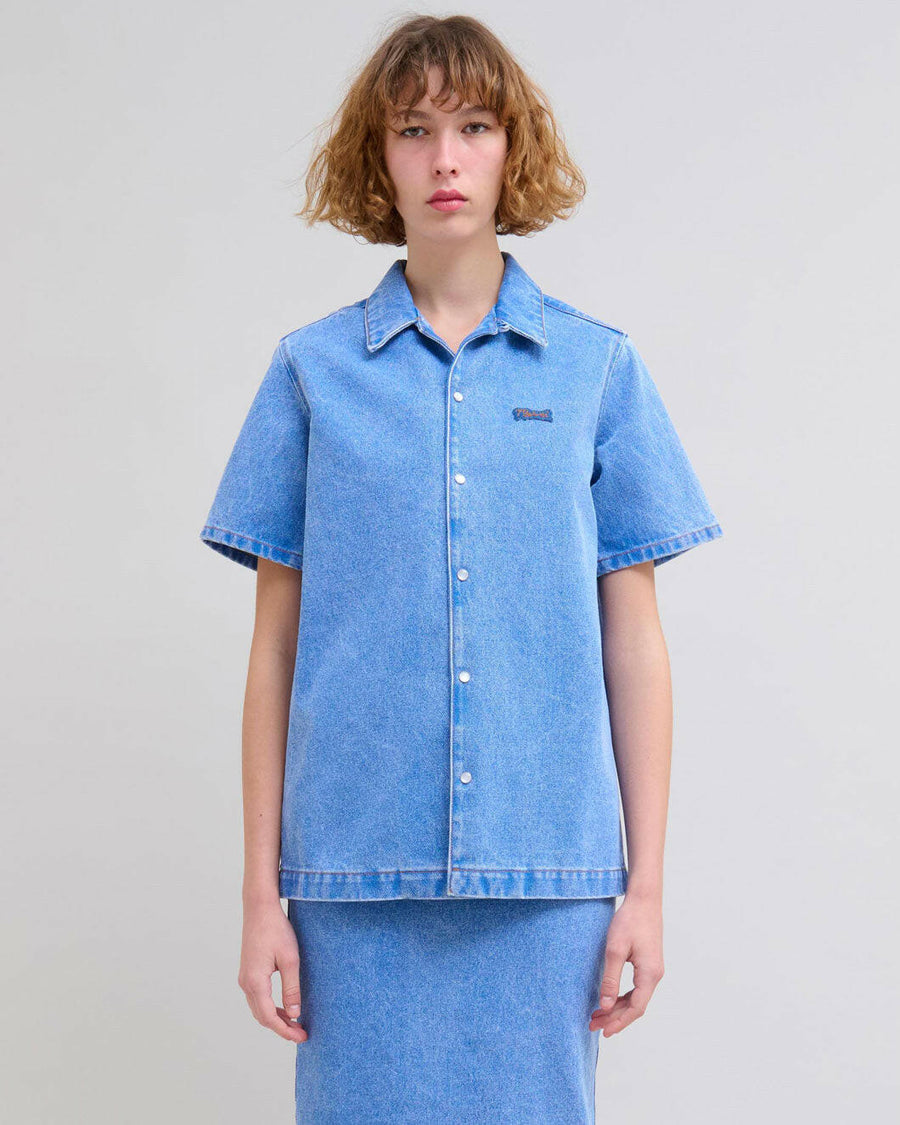 marni Straight Short Sleeve Shirt with Bowling Neck cobalt blue denim on figure front