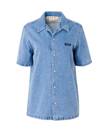 marni Straight Short Sleeve Shirt with Bowling Neck cobalt blue denim