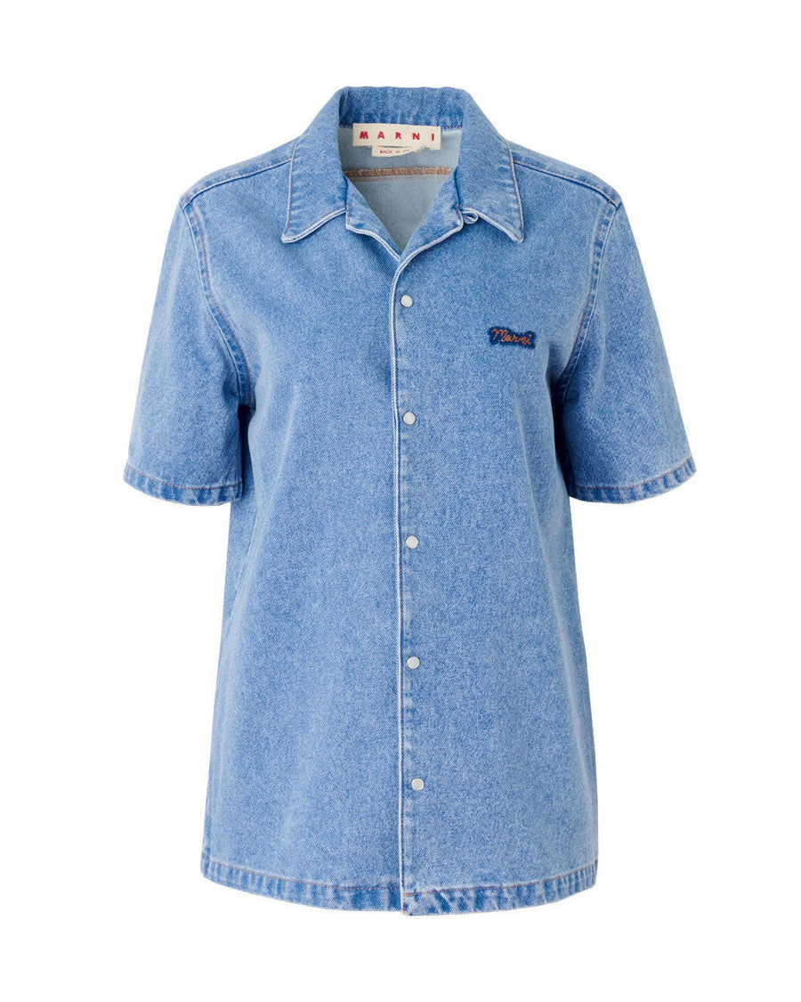 marni Straight Short Sleeve Shirt with Bowling Neck cobalt blue denim