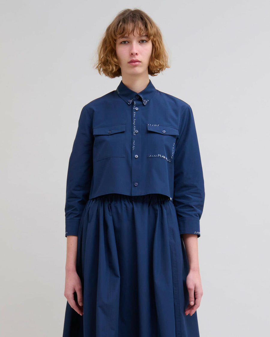 marni organic cotton poplin cropped button down shirt light navy on figure front