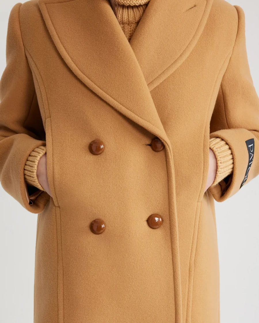 patou double breasted coat biscuit tan on figure front