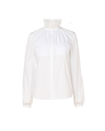 prune gold schmidt shirt with small lace ruffled collar white