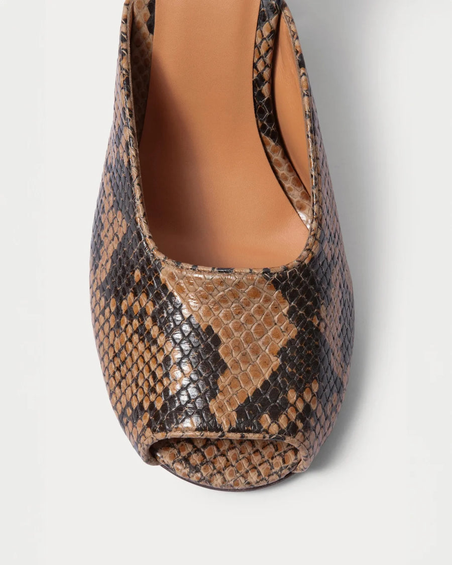 rachel comey Malta Mule brown snake print top detail