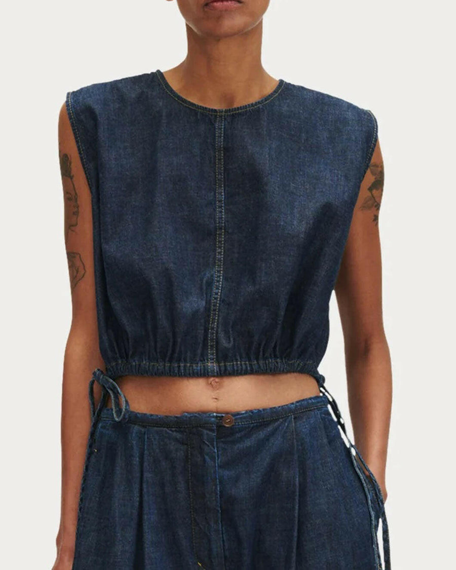 rachel comey aires top dark indigo denim on figure front