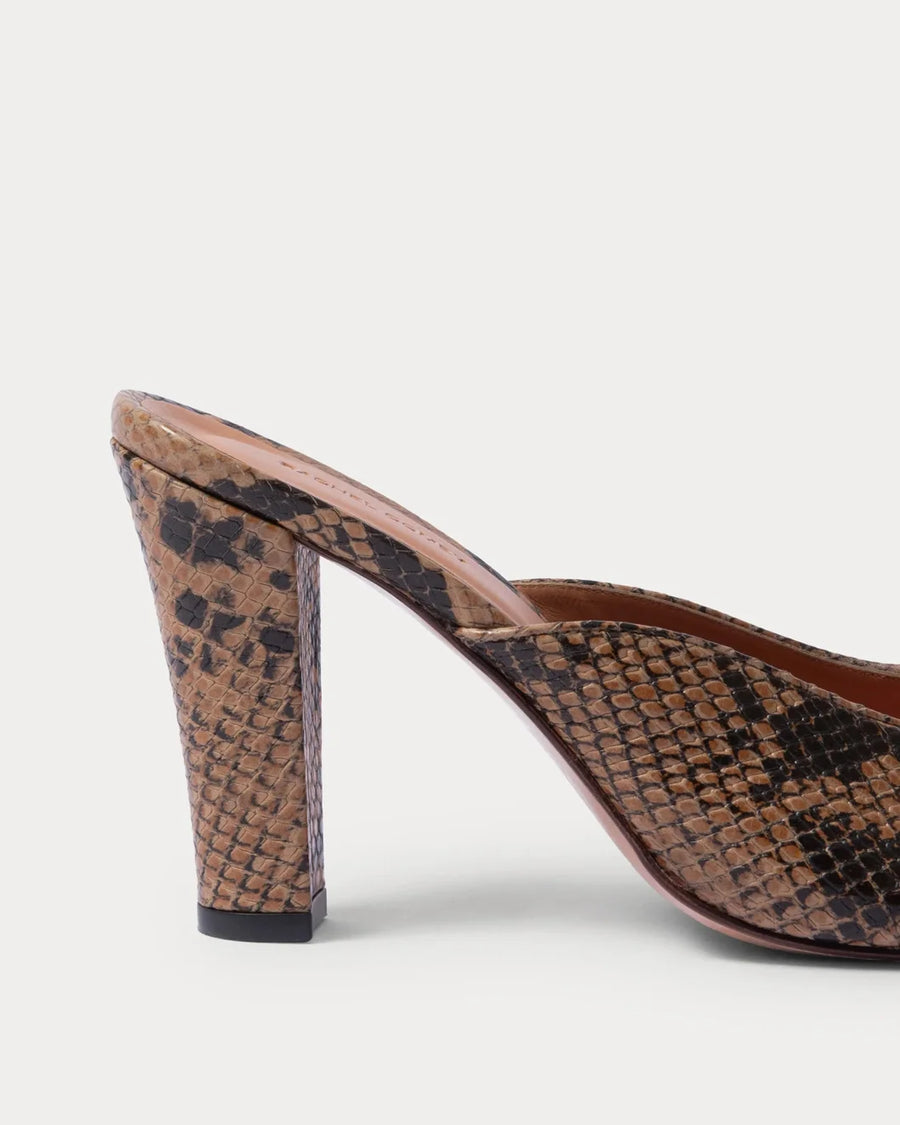 rachel comey Malta Mule brown snake print heel detail