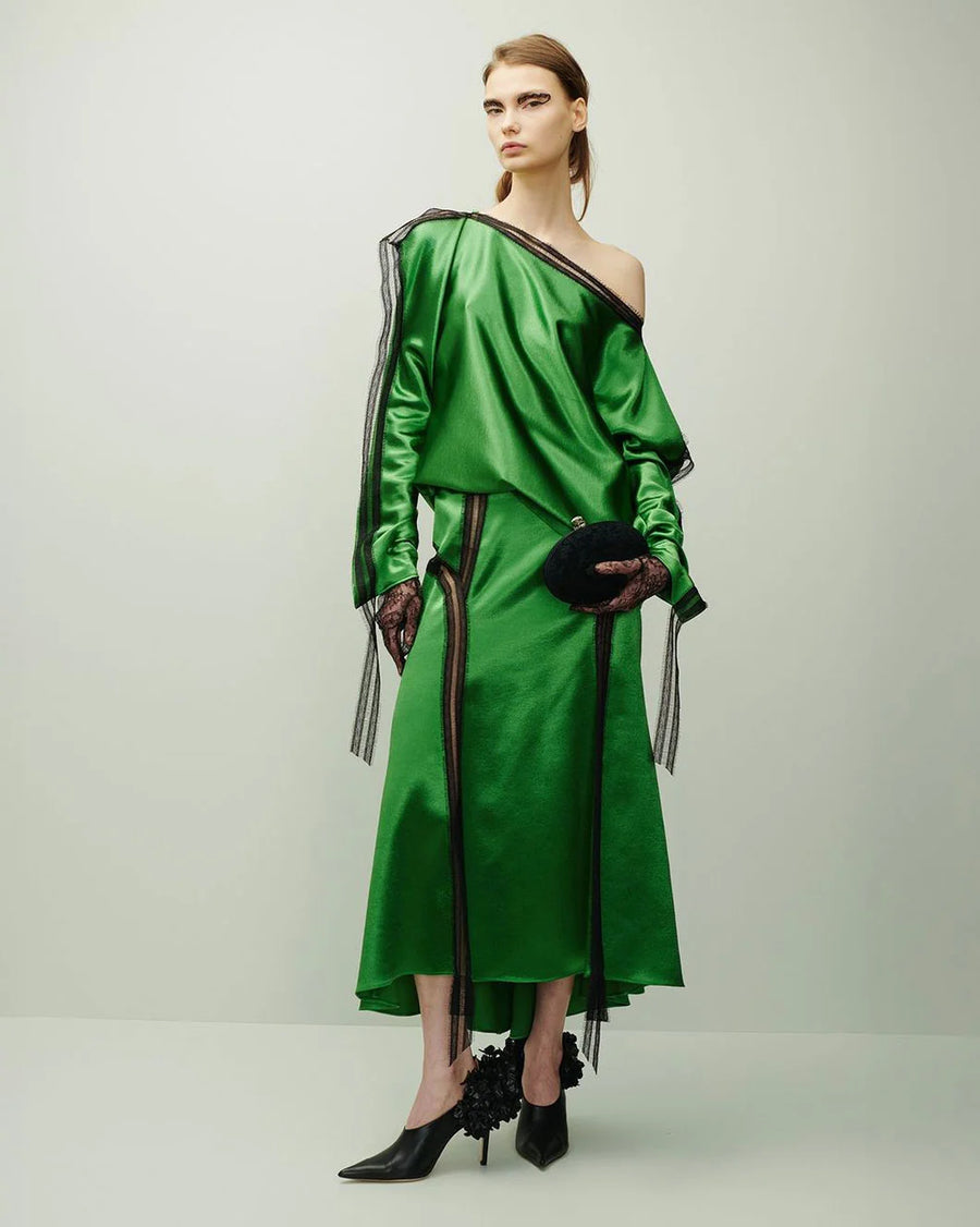 rochas Satin Flared Skirt golf green on figure