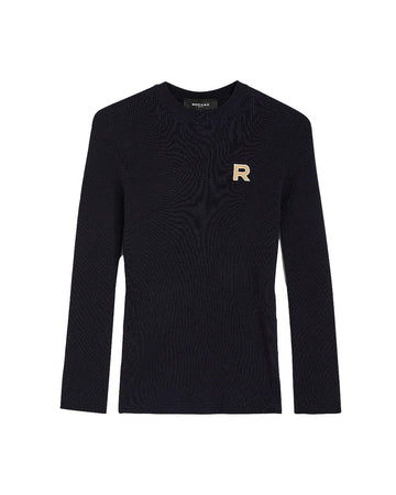 rochas long sleeve crew neck sweater navy blue front