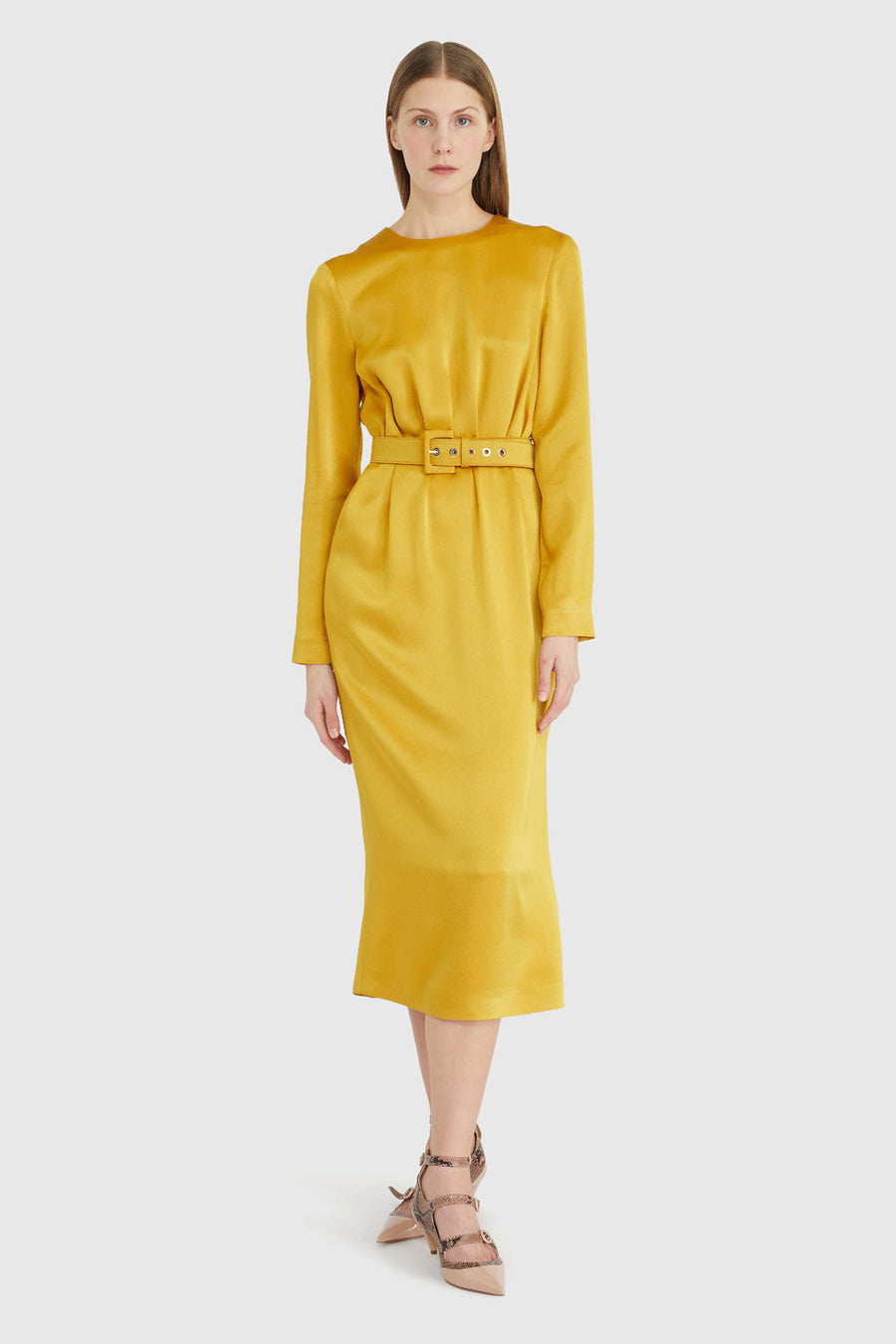 rochas long sleeves midid dress yellow figure front