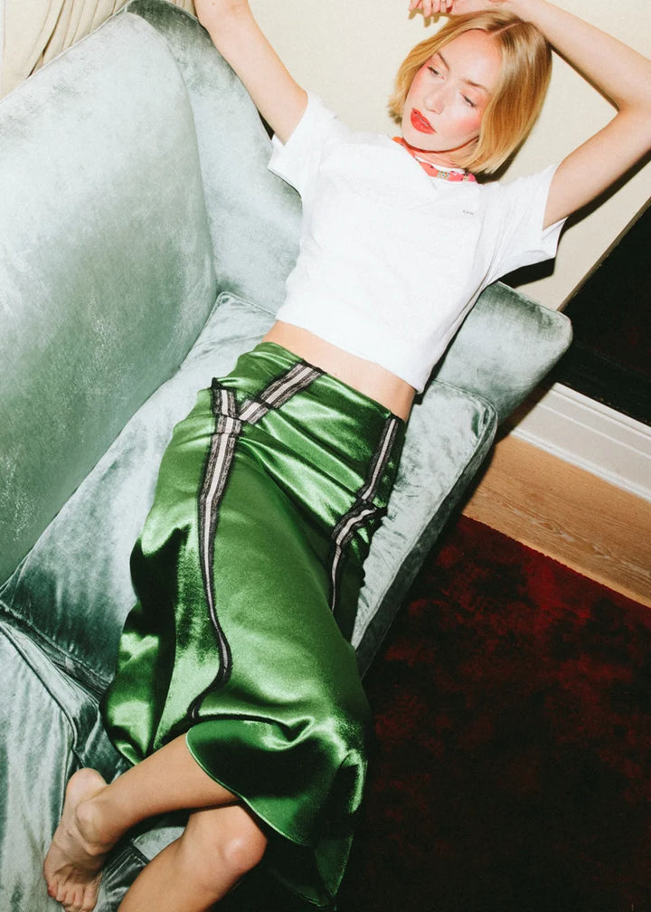 rochas silk skirt, green satin midi skirt