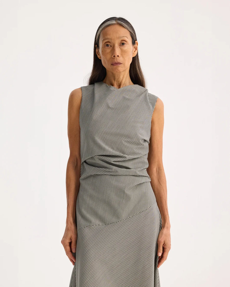 rohe Mini Check Dress with Cowl Neck cream and black on figure front